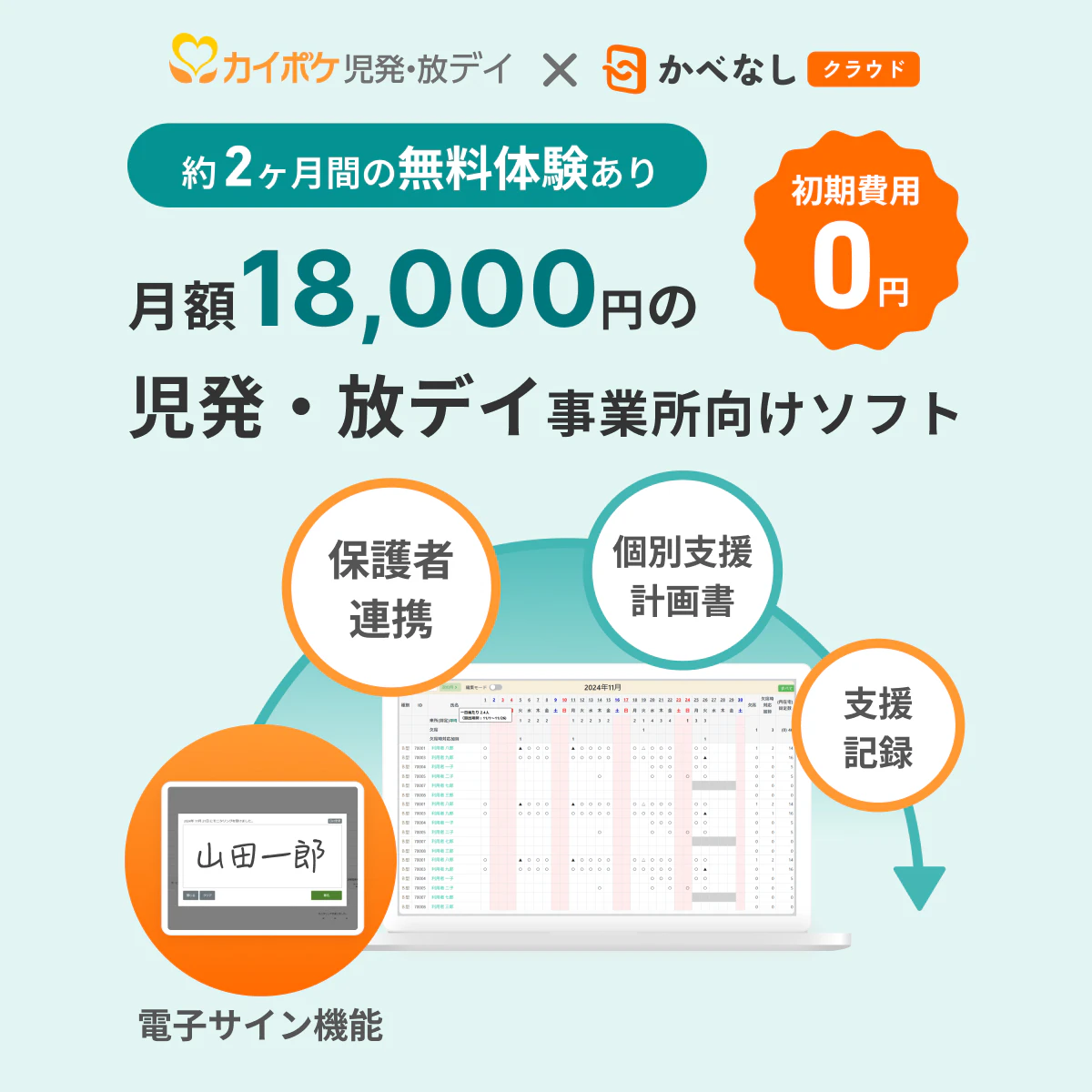 カイポケ児発・放デイ✕かべなしクラウド 月額18,000円の児発・放デイ事業所向けソフト。初期費用0円。約2か月科の無料体験あり。