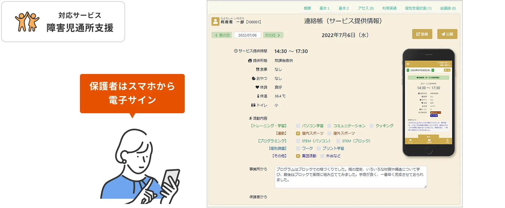 連絡帳画面、保護者はスマホから電子サイン