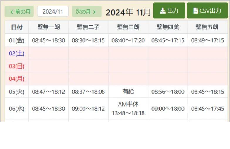 職員の勤怠管理画面