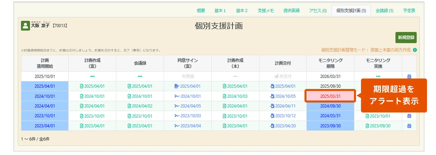 個別支援計画画面で期限超過をアラート表示