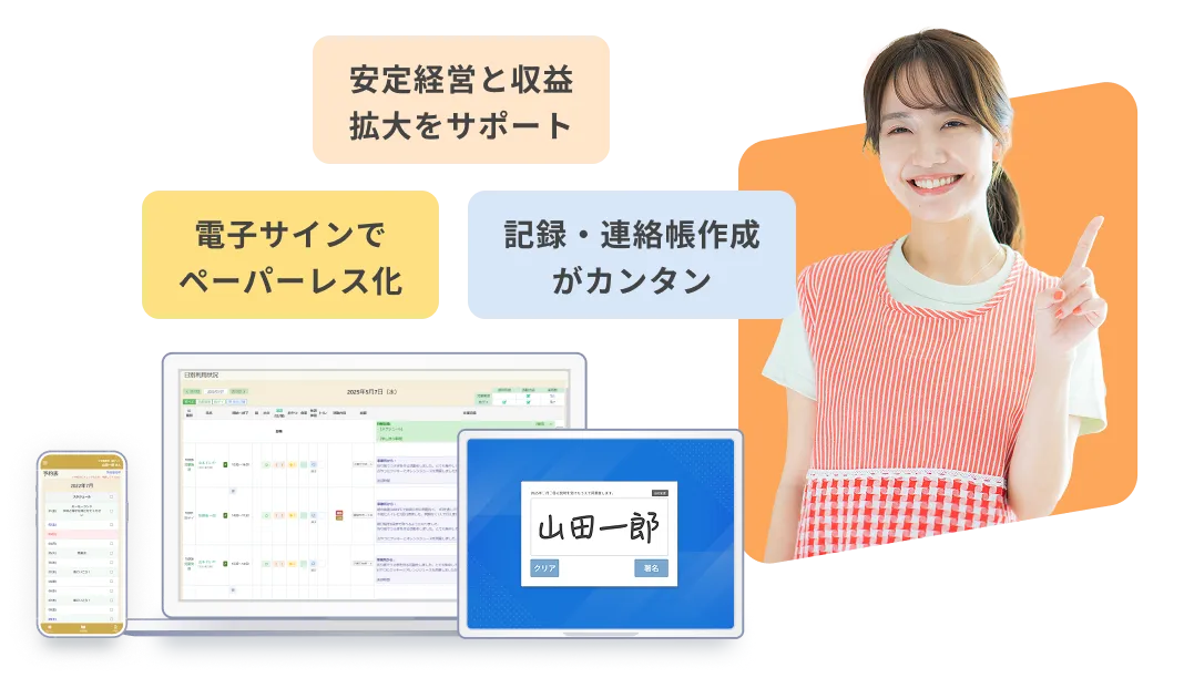電子サインでペーパーレス化。記録・連絡帳作成がカンタン。安定経営と収益拡大をサポート。