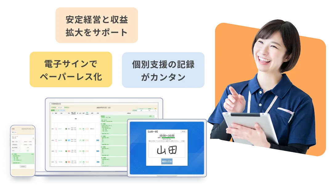 電子サインでペーパーレス化。個別支援の記録がカンタン。安定経営と収益拡大をサポート。